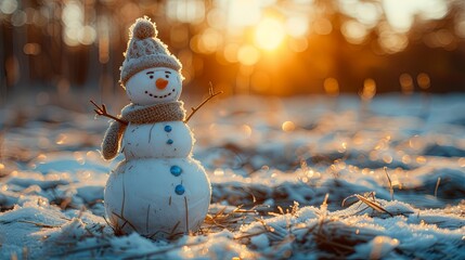 Obraz premium Funny smiling snowman in a gray hat on a snowy meadow in a winter forest among tree trunks. Christmas concept. Illustration for cover, postcard, postcard, design, invitation or print.