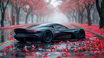a futuristic car is parked on a wet road in the middle of a park with red leaves on the ground.