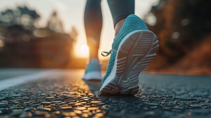 sport runner feet running on sunset lake closeup on shoe. AI generated illustration - obrazy, fototapety, plakaty