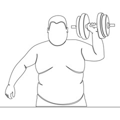 Continuous line drawing fat, overweight man lifts a dumbbell while working out at the gym concept