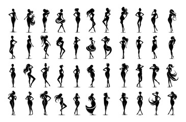Silhouettes of womens figures, large set, black color, minimalist style. Women naked and in dress, beautiful plastic bodies, vector abstract iconic graphics isolated on white background