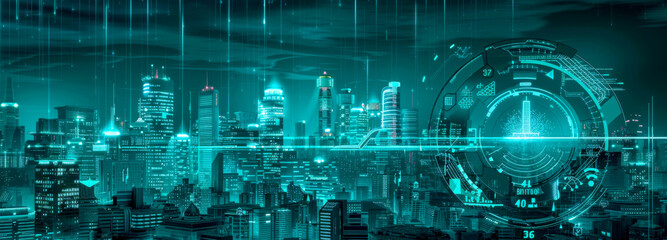 a wide-angle view of a modern city skyline at night, overlaid with an advanced cybersecurity control interface. cutting-edge technology and smart city