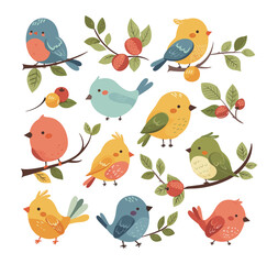 Snow finches in doodle style, cartoon set. Birds from different colors with elements of tree branches of leaves and fruits in minimalist design. Splendid vector illustration isolated on a white backgr