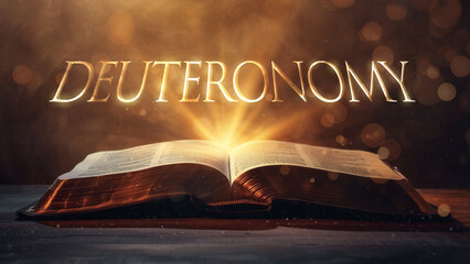 Book of Deuteronomy. Open bible revealing the name of the book of the bible in a epic cinematic presentation. Ideal for slideshows, bible study, banners, landing pages, religious cults and more - obrazy, fototapety, plakaty