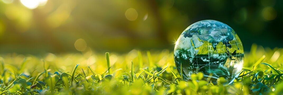Earth globe in grass during sunset. Happy Earth day and Environment Day. Green world, ecology and eco-friendly lifestyle concept. Reduce global warming. Design for banner, poster with copy space