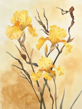 A painting depicting a bunch of vibrant yellow flowers arranged in a clear vase, set against a neutral background.