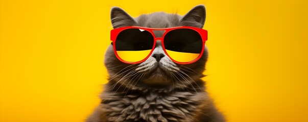 Stylish British cat wears trendy sunglasses while posing on a vibrant yellow backdrop. Concept Cat...