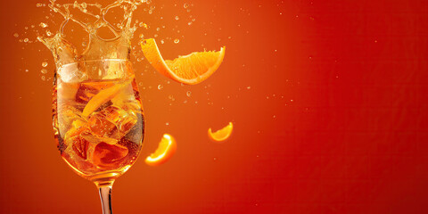 An Aperol Spritz cocktail with splashes, on an orange background with copy space for text