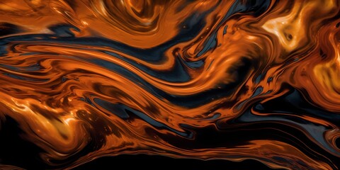 Vibrant swirls of molten copper intertwine with the rich darkness of molasses, creating a mesmerizing display of color and texture. - obrazy, fototapety, plakaty