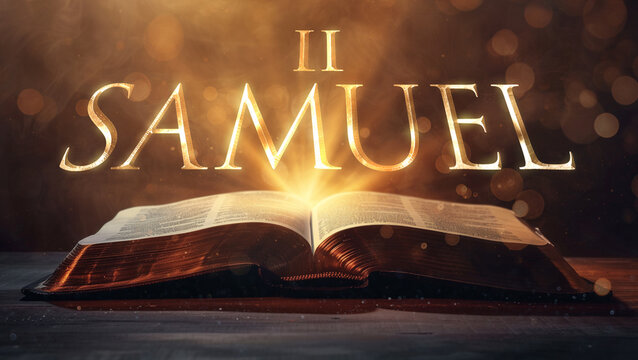 Book of 2 Samuel. Open bible revealing the name of the book of the bible in a epic cinematic presentation. Ideal for slideshows, bible study, banners, landing pages, religious cults and more