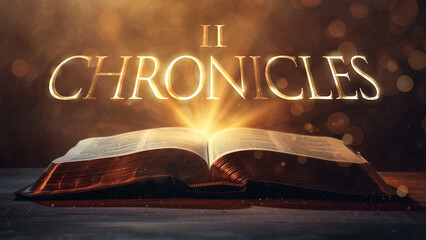 Book of 2 Chronicles. Open bible revealing the name of the book of the bible in a epic cinematic presentation. Ideal for slideshows, bible study, banners, landing pages, religious cults and more