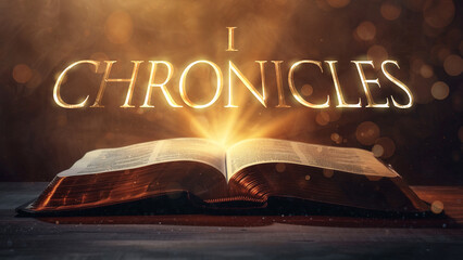 Book of 1 Chronicles. Open bible revealing the name of the book of the bible in a epic cinematic presentation. Ideal for slideshows, bible study, banners, landing pages, religious cults and more