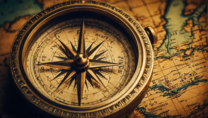 Fototapeta na wymiar Antique vintage compass, world map geography
