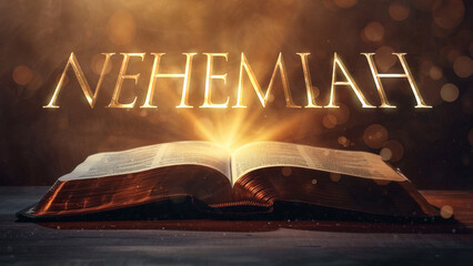 Book of Nehemiah. Open bible revealing the name of the book of the bible in a epic cinematic...
