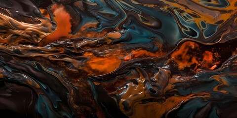 Vibrant swirls of molten copper intertwine with the rich darkness of molasses, creating a mesmerizing display of color and texture. - obrazy, fototapety, plakaty