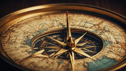 Fototapeta na wymiar Antique metal vintage compass, world map