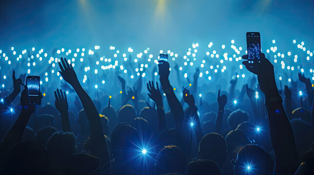 Back view silhouettes of people with hands up holding illuminated flash lights and candles , stage during music performance, new year , eve, celebration , party, concert - Powered by Adobe
