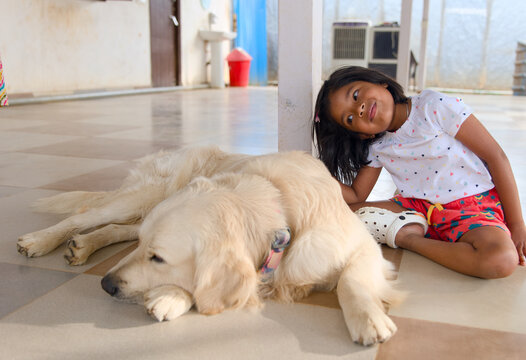 Little girl with her golden retriever dog at home Concept of friendship between pets and children