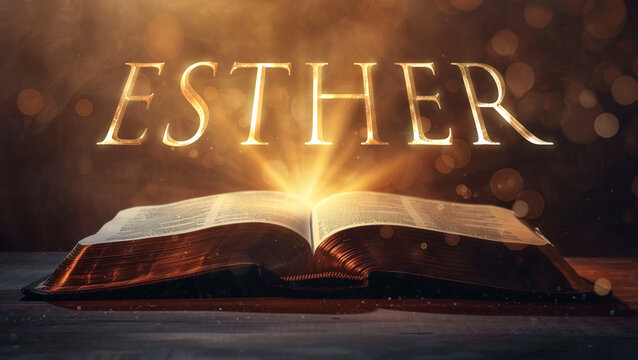 Book of Esther. Open bible revealing the name of the book of the bible in a epic cinematic presentation. Ideal for slideshows, bible study, banners, landing pages, religious cults and more