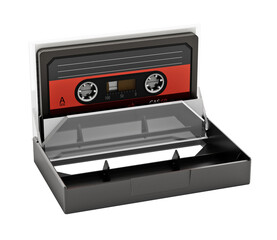 Vintage audio cassette and cassette case isolated on transparent background. 3D illustration