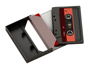 Obraz premium Vintage audio cassette and cassette case isolated on transparent background. 3D illustration
