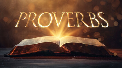 Book of Proverbs. Open bible revealing the name of the book of the bible in a epic cinematic presentation. Ideal for slideshows, bible study, banners, landing pages, religious cults and more - obrazy, fototapety, plakaty