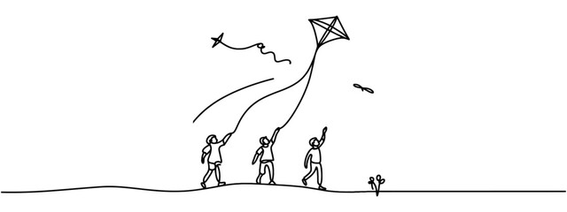 Single continuous line drawing little boy and girl flying kite. Siblings playing together. Kids playing kite in playground. Children with kites game and they look happy. One line draw graphic design