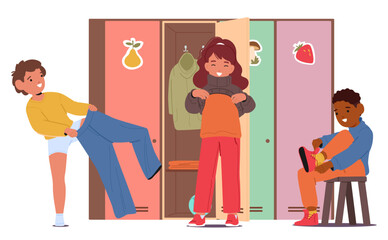 Children Stand By Kindergarten Lockers, Giggling And Chatting As They Dress In Colorful Outfits, Vector Illustration