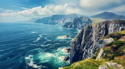 Kerry Cliffs, widely accepted as the most spectacular cliffs in County Kerry, Ireland. Tourist attractions on famous Ring of Kerry route. - Powered by Adobe
