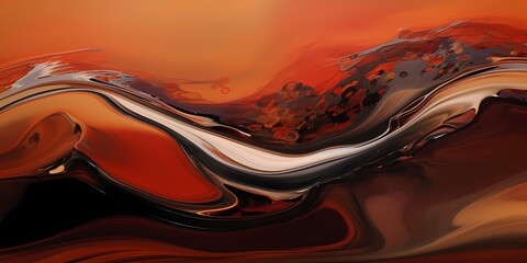 Waves of russet and cocoa cascade in graceful arcs, capturing the mesmerizing allure of molten copper and molasses hues mingling in an abstract, dreamlike landscape.