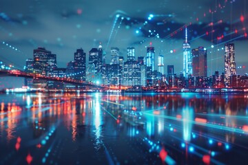 Futuristic cityscape with digital network overlay