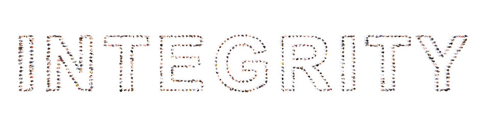 Concept or conceptual large community of people forming the the word INTEGRITY . 3d illustration metaphor for honesty, core values, code, responsibility, education and culture, business and success