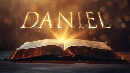 Book of Daniel. Open bible revealing the name of the book of the bible in a epic cinematic presentation. Ideal for slideshows, bible study, banners, landing pages, religious cults and more