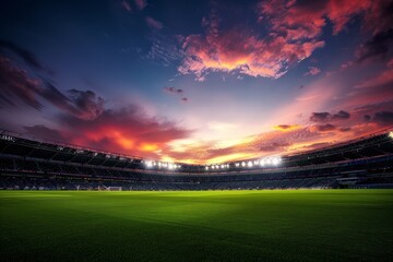 Stadium with bright lights and a dramatic sky during a sports event