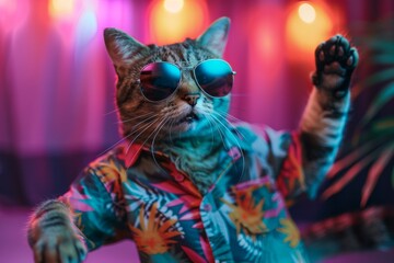 Cat wearing sunglasses and a colorful shirt, dancing