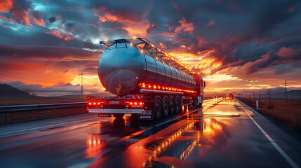 view of big metal fuel tanker truck in motion shipping fuel to oil refinery