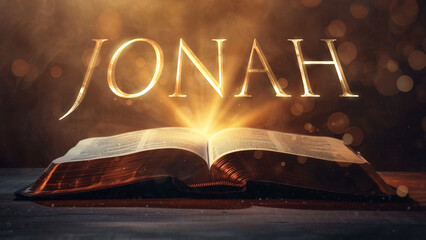 Book of Jonah. Open bible revealing the name of the book of the bible in a epic cinematic presentation. Ideal for slideshows, bible study, banners, landing pages, religious cults and more