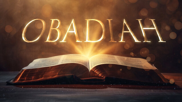 Book of Obadiah. Open bible revealing the name of the book of the bible in a epic cinematic presentation. Ideal for slideshows, bible study, banners, landing pages, religious cults and more
