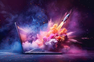 Laptop with a rocket launching from the screen, explosion of colors