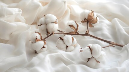 Elegant Cotton Bolls on White Fabric. Soft cotton bolls resting on delicate white cotton fabric, symbolizing natural fibers and purity.