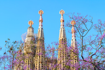 Sagrada Familia cathedral towers in spring, Barcelona, Spain