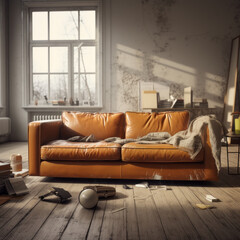 A modern living room with a repurposed side table and a sofa made from recycled leather