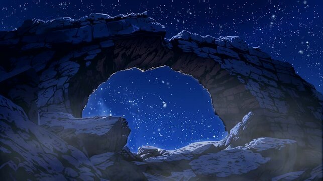 The majesty of a natural arch carved by centuries of erosion under starry night sky. Fantasy landscape anime or cartoon style, looping 4k video animation background