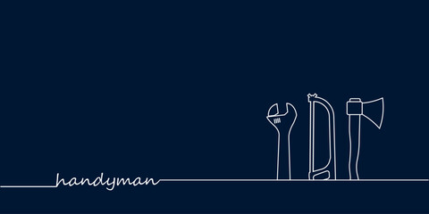 Professional handyman services. Vector banner template with silhouettes of axe, adjustable wrench, jigsaw  and text space.  Repair tools on dark blue background for your web site design, app, UI. EPS1