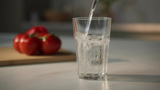 A stream of transparent water flows smoothly into a tall drinking glass, creating bubbles and ripples. In the soft-focused background, a ripe red tomato rests on a wooden cutting board, hinting at a