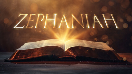 Book of Zephaniah. Open bible revealing the name of the book of the bible in a epic cinematic presentation. Ideal for slideshows, bible study, banners, landing pages, religious cults and more - obrazy, fototapety, plakaty