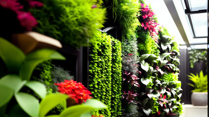 Beautiful and modern vertical garden with different types of plants and flowers in an ecological building.
