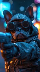 little cute dog cyberpunk shooter soldier holding gun prepare to shoot enemies in cyberpunk city