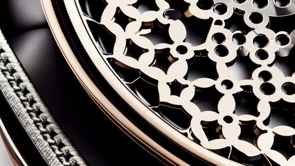 Detail of decorative metallic black and gold background with reflections.