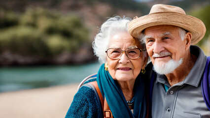 Elderly couple with glasses, hat and backpacks on a sightseeing trip by a river or beach.